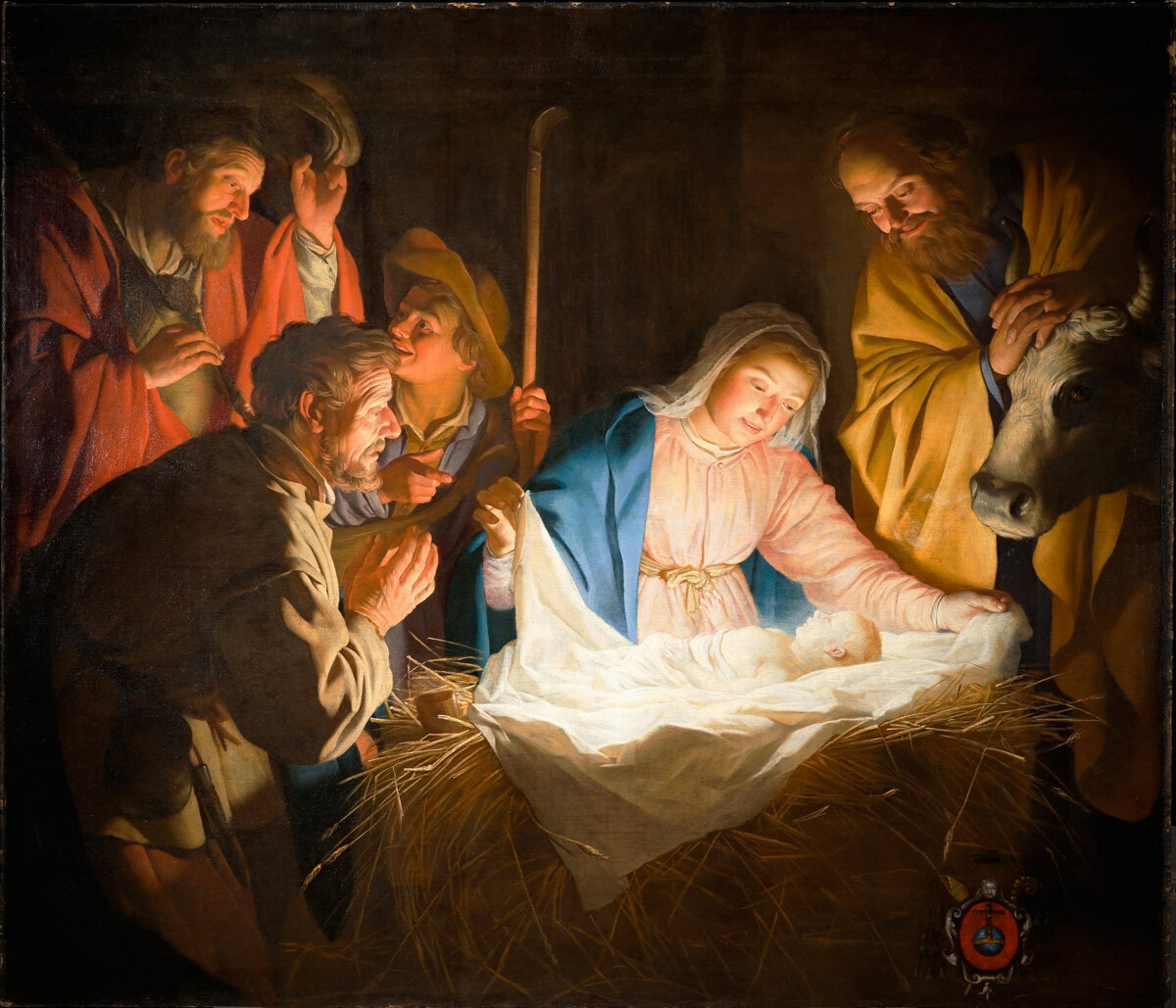 "Поклонение пастухов" (рожденному Иисусу) картина, художник Геррит Ван Хонтхорст