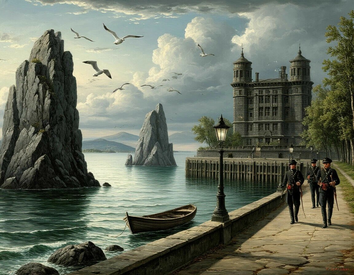 Дочь тюремщика. "Морские дальние просторы, на острове седые горы, как обелиски две скалы стоят верхушками ровны, ..." (сгенерировано в Шедевруме).