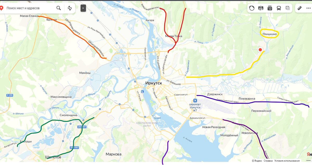 Частная застройка в Иркутске, основные тракты выделены цветами. Скриншот из Яндекс.карты.