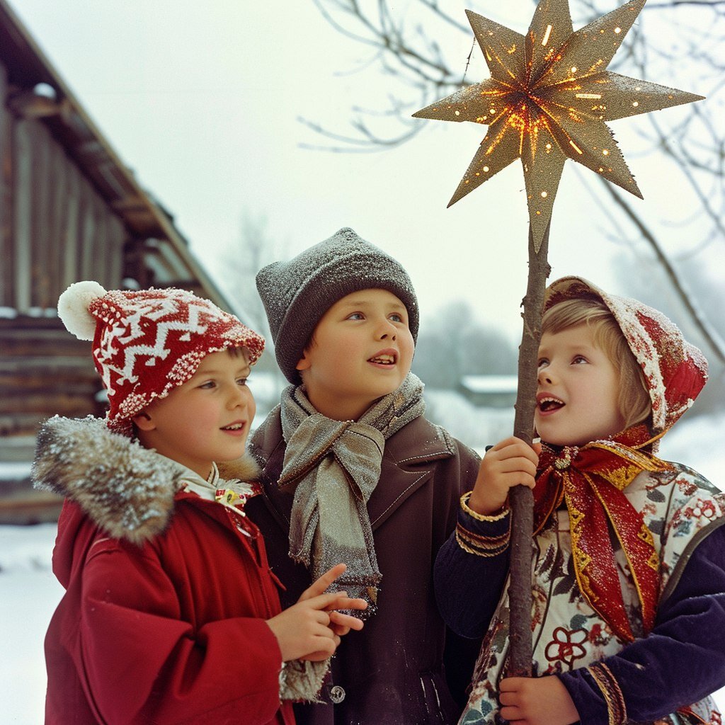 Колядование на Руси. Нейросеть Midjourney.