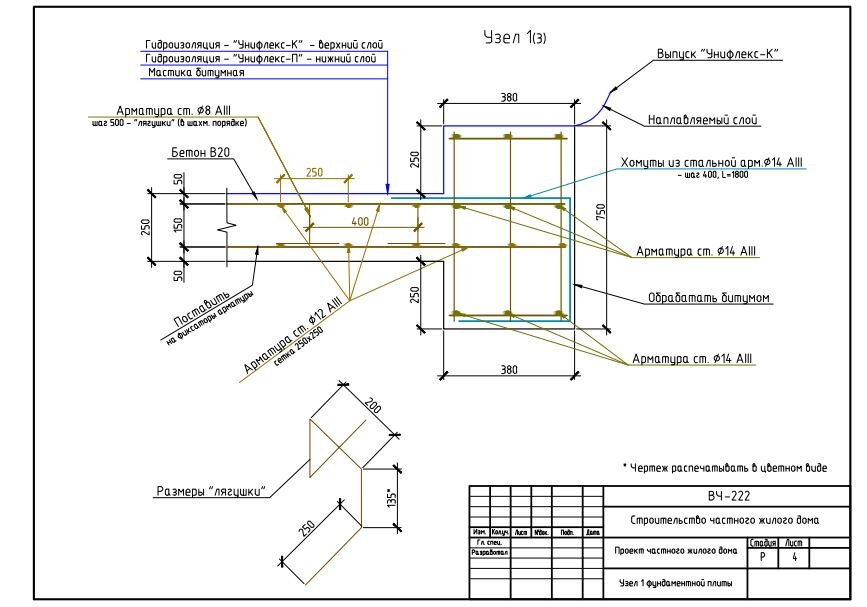 Один из узлов фундамента. В Архитектурном проекте таких схем нет, но без этого правильно построить невозможно. Для этого и нужны разделы КР в проекте