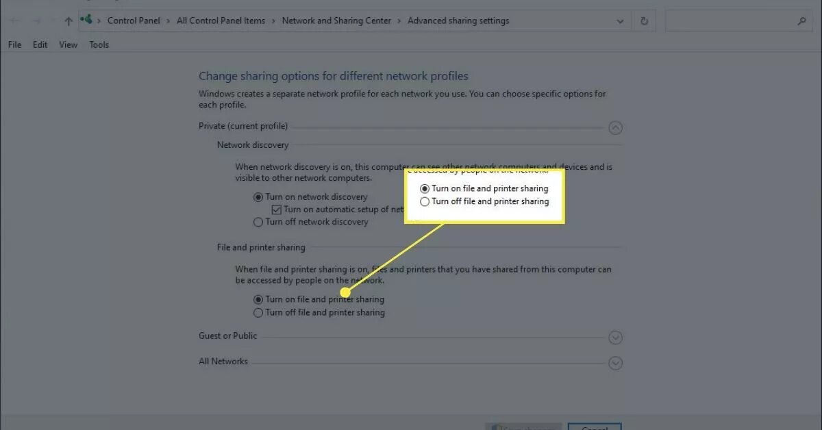Enable sharing on the computer. Go to Control Panel > All Control Panel Items > Network and Sharing Center > Дополнительные параметры общего доступа . Затем выберите Включить общий доступ к файлам и принтерам, а затем выберите Сохранить изменения.