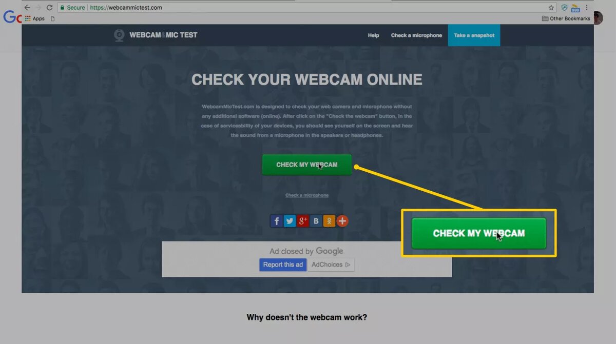 Нажмите кнопку Check My Webcam на целевой странице сайта.