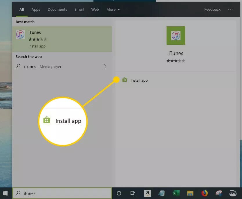 В строке поиска Windows введите itunes и в разделе "Лучшее совпадение" выберите iTunes Install App .Кроме того, найдите iTunes в Microsoft Store онлайн.Microsoft Store