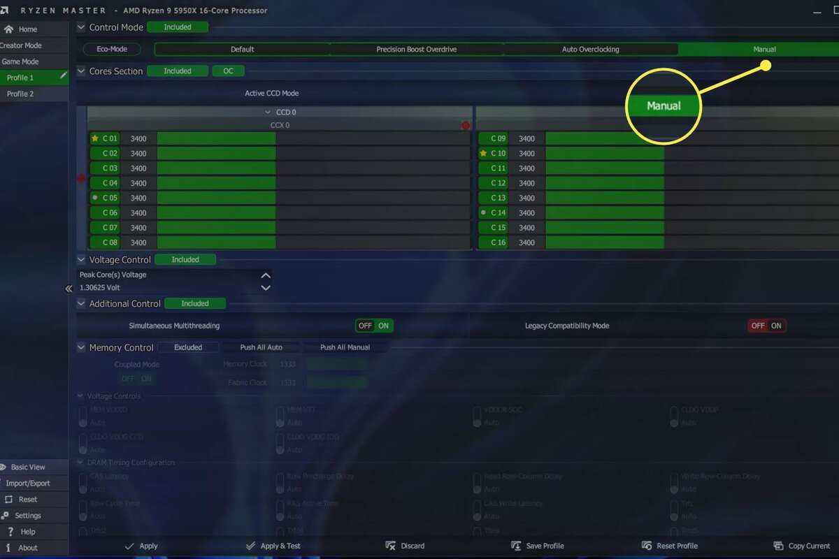 Метод разгона процессора различается между AMD Ryzen Master и Intel Extreme Tuning Utility. Он также может отличаться в зависимости от установленного процессора или версии программного обеспечения.Как правило, сначала необходимо выбрать опцию Manual. Это позволит раскрыть или разблокировать управление тактовой частотой процессора для всех ядер процессора.
