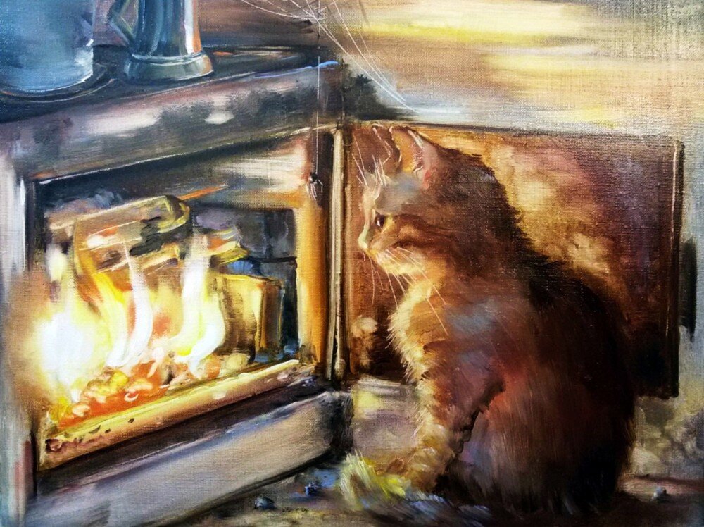 Кот у печки. Холст, масло. Дмитриева Светлана Евгеньевна