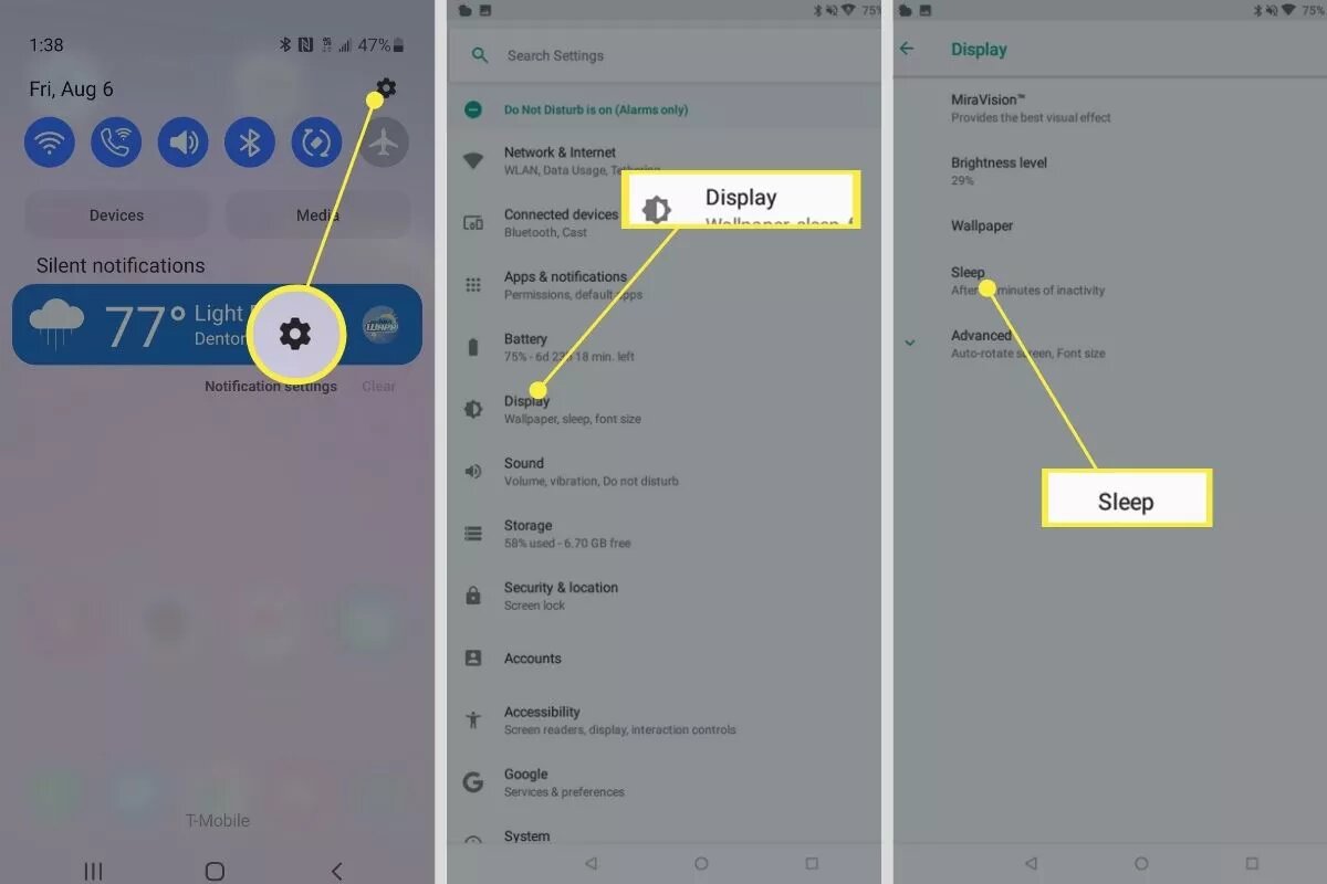 Выберите пункт Сон или Тайм-аут экрана .