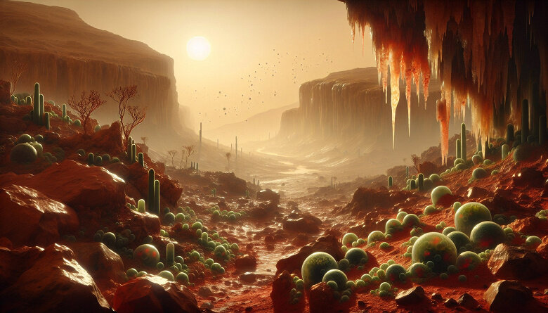 Изображение древней микробиологической жизни на Марсе, по версии нейросети.