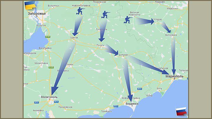 ПОД ПРИКРЫТИЕМ F-16 СУХОПУТНЫЕ ЧАСТИ ВСУ БУДУТ ИДТИ К АЗОВСКОМУ МОРЮ, ЧТОБЫ ВСЁ-ТАКИ ОСУЩЕСТВИТЬ ОСНОВНУЮ ИДЕЮ ПРОВАЛЬНОГО "КОНТРНАСТУПА" – ПЕРЕРЕЗАТЬ СУХОПУТНЫЙ КОРИДОР В КРЫМ. ИНФОГРАФИКА: ЦАРЬГРАД