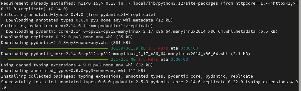 Успешная установка библиотеки replicate