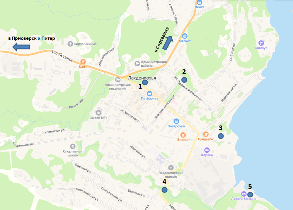 Примерная локация тех точек, о которых пойдет речь ниже. На карте хорошо видно, как трасса проходит мимо самого города. Автобусы с туристами обычно останавливаются напротив кирхи Яккима.