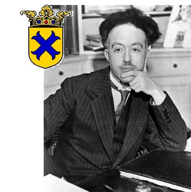 Луи де Бройль (в левом верхнем углу фотографии помещен фамильный герб семьи)