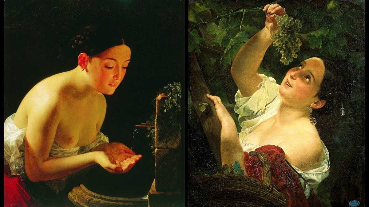 Карл Брюллов «Итальянское утро» 1823г.Кунстхалле Киля, Киль.Итальянский полдень (Итальянка, снимающая виноград)1827г. ГРМ