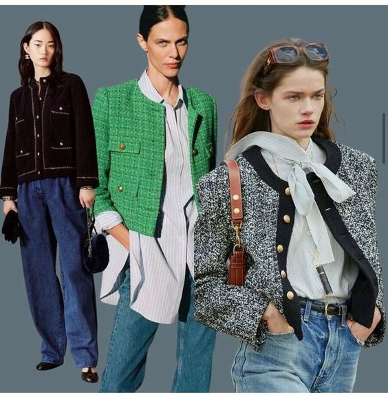 Chanel, Celine, Gucci обожают сочетать твид и джинсу, манипулируя настроением в образе при помощи блузы и украшений