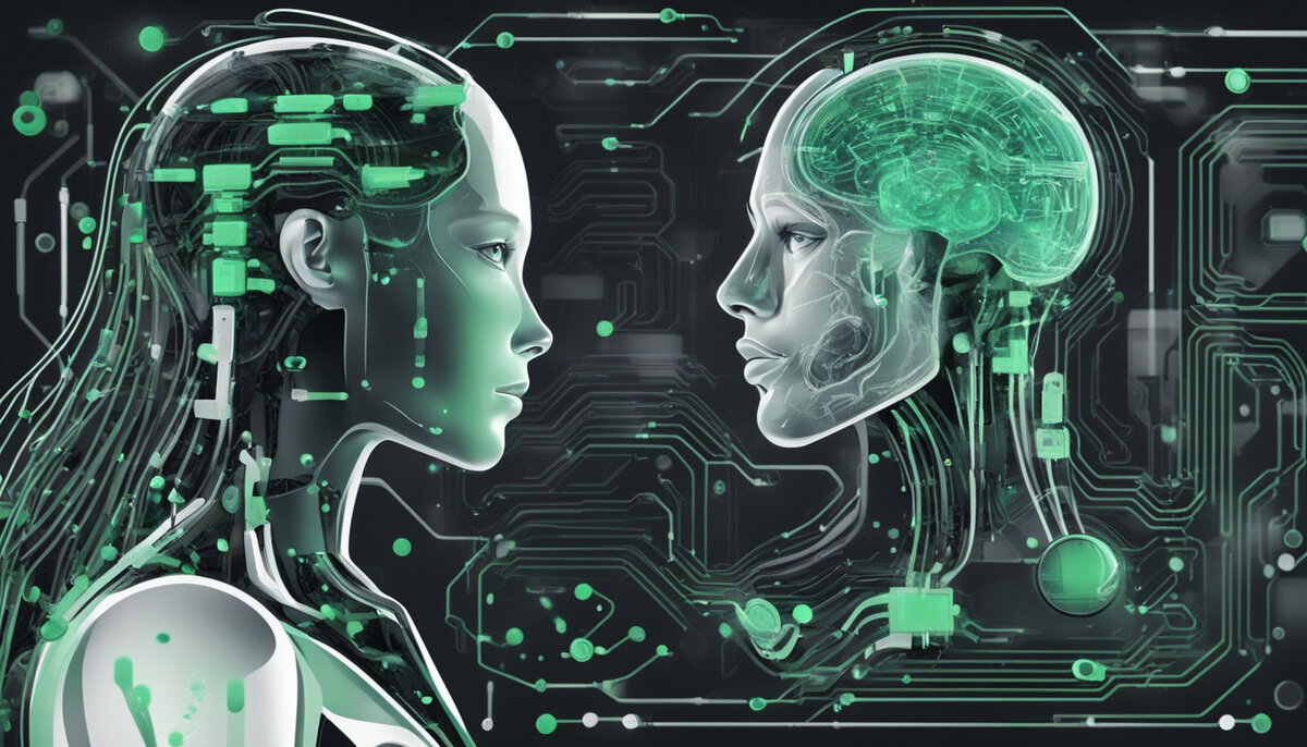 Нейросеть: mage.space Промт: Artificial intelligence analyzes the internet, colors: black, gray, white and light green, high-quality illustration