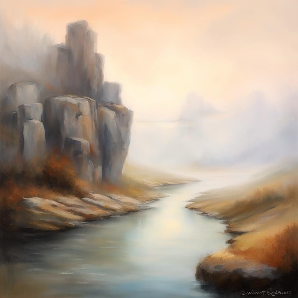 Утес на берегу реки. Камни. Холст. Масло. Картинка создана нейросетью.