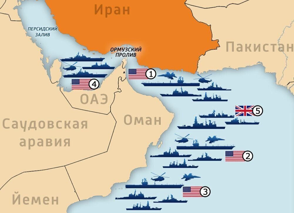 Корабельные группировки ВМФ США и Британии в Персидском заливе и Аравийском море. Источник: t.me/rlz_the_kraken.