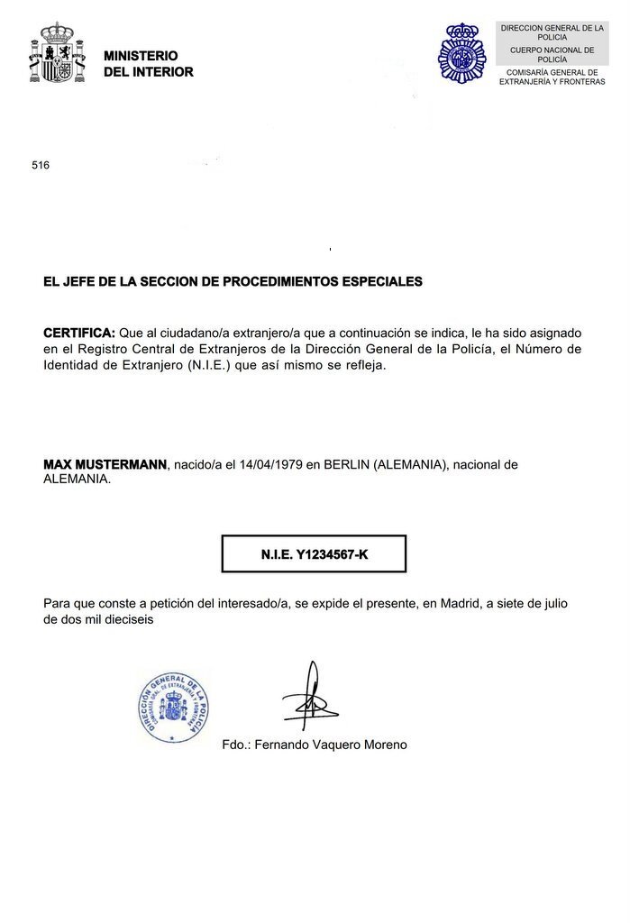 Вот такой вид оформленного сертификата о наличии NIE для нерезидентов