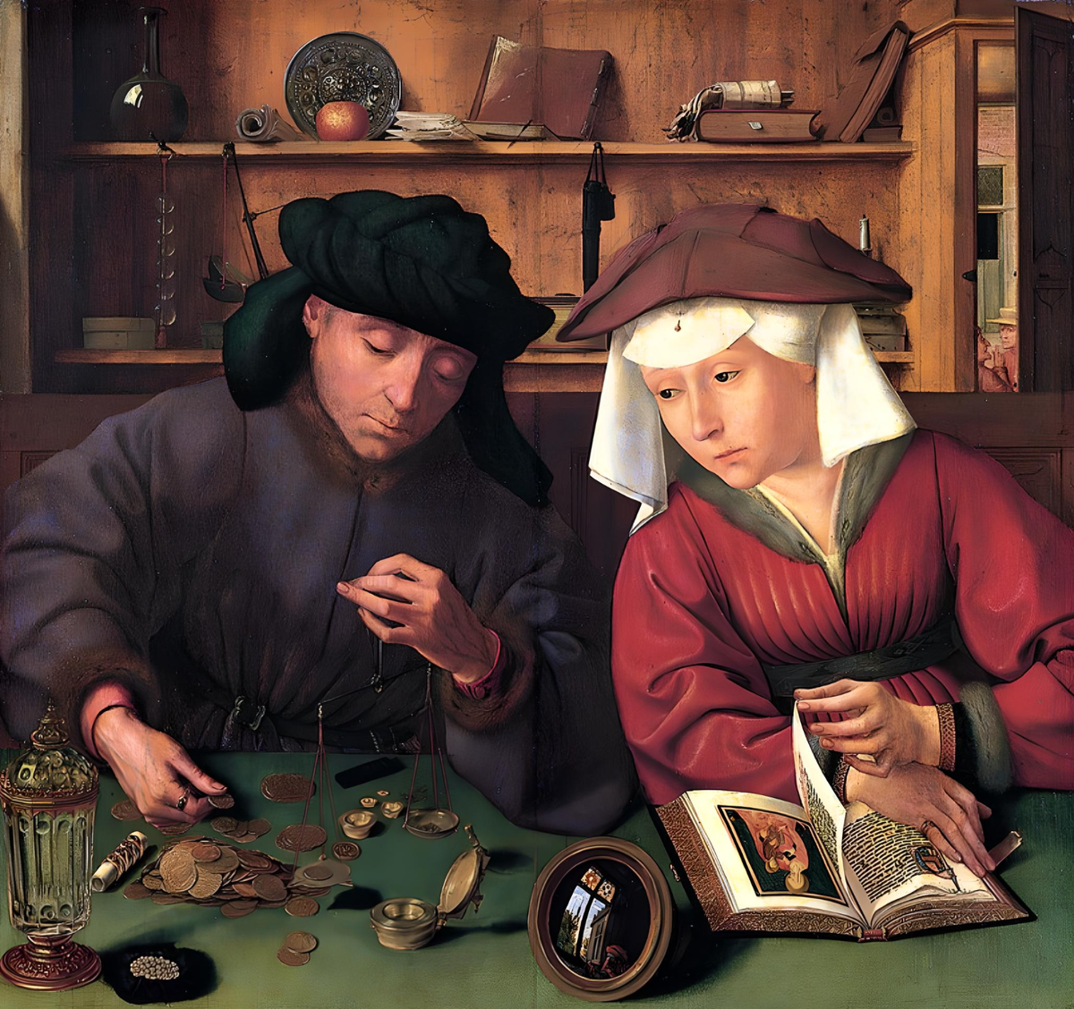 Квентин Массейс,«Меняла с женой», около 1510-1515, дерево, масло, Лувр, Париж71 x 68 см, Лувр, Париж