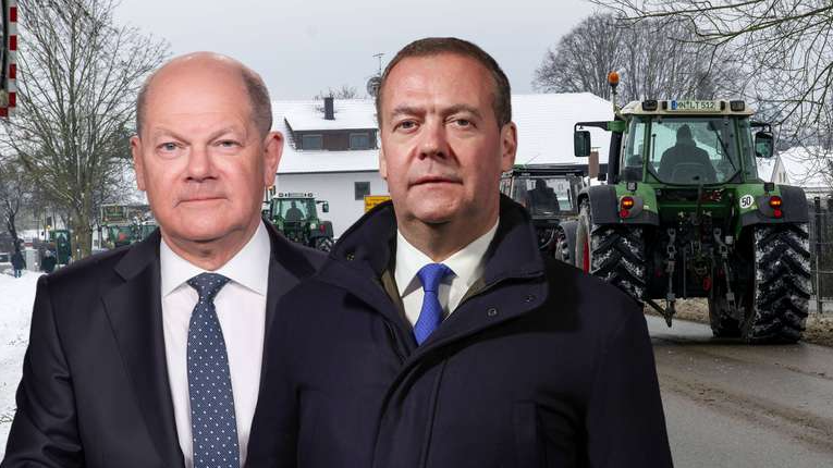 После протестов фермеров в Германии бывший президент России не высказал ничего, кроме презрения и насмешек в адрес федерального канцлера Шольца. Он также ничего хорошего не сказал о министре иностранных дел Бербок (Монтаж) © IMAGO (3) / Chris Emil Janßen / ITAR-TASS / MiS