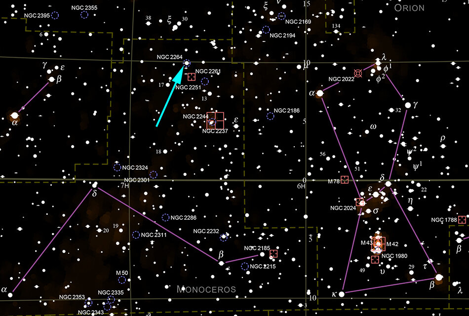 NGC 2264 на карте звёздного неба. Яркие звёзды справа и слева — α Ориона (Бетельгейзе) и α Малого Пса, α CMi (Процион).