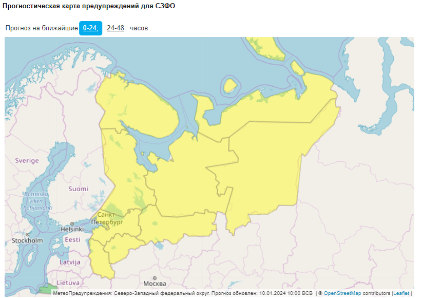    Метеопредупреждение на 10-11 января в СЗФО. Автор фото: meteoinfo.ru