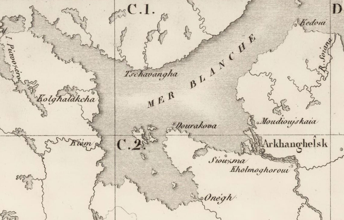 Карта с изображением Белого моря и города Кемь