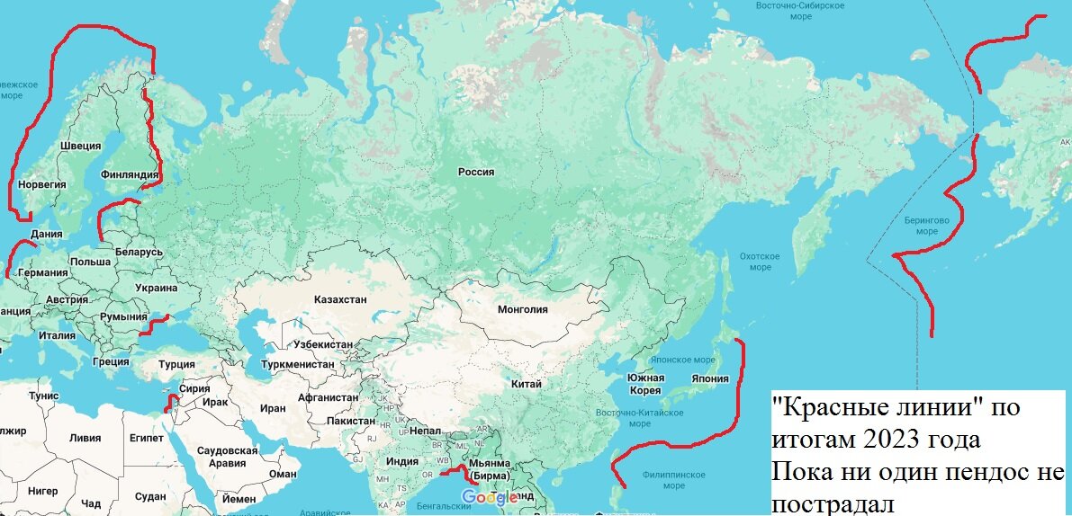 На карте отмечены новые «красные линии», те, что были раньше никуда не делись. Обратите внимание на Берингово море, США и Канада пытаются перекрыть самые удобные пути для грузовых судов, постоянно нагнетая напряжённость.