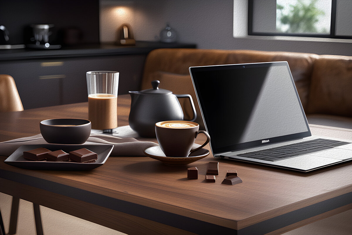 Ноутбук, кофе со сливками и горький шоколад