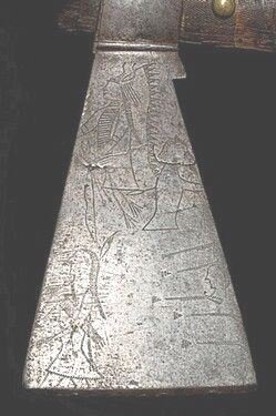 Гравировка в стиле индейской пиктографии. Tomahawk Pipe; Lakota, Iron Blade, Engraved Combat Scenes, Decorated Ash Haft, Pendant, 23 inch