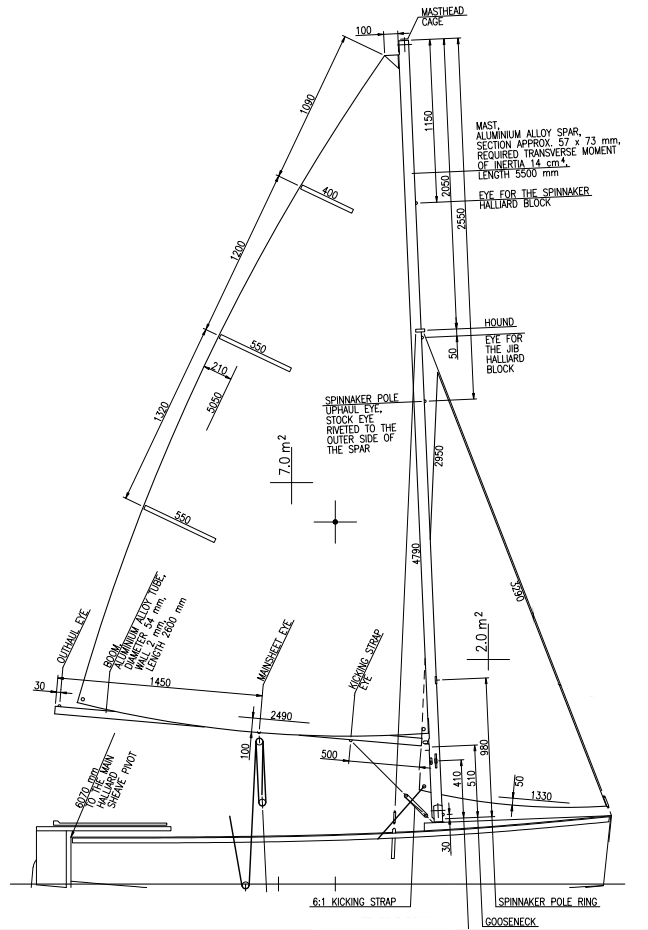 План парусного вооружения моей лодочки: грот 7 кв.м, стаксель 2 кв.м