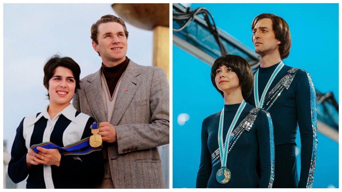 Ирина Роднина и Алексей Уланов, справа - кадр со съемочного процесса фильма "Роднина"