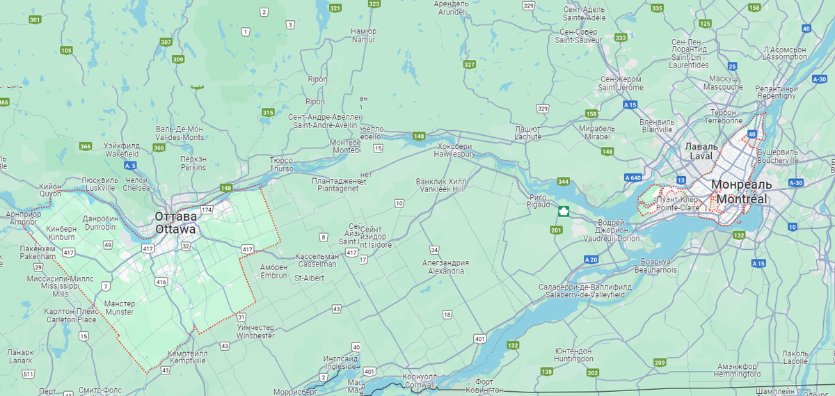 Выделил также Монреаль с его вообще страшными границами и огромным пригородом с двух сторон. Но там всё в рамках одного штата