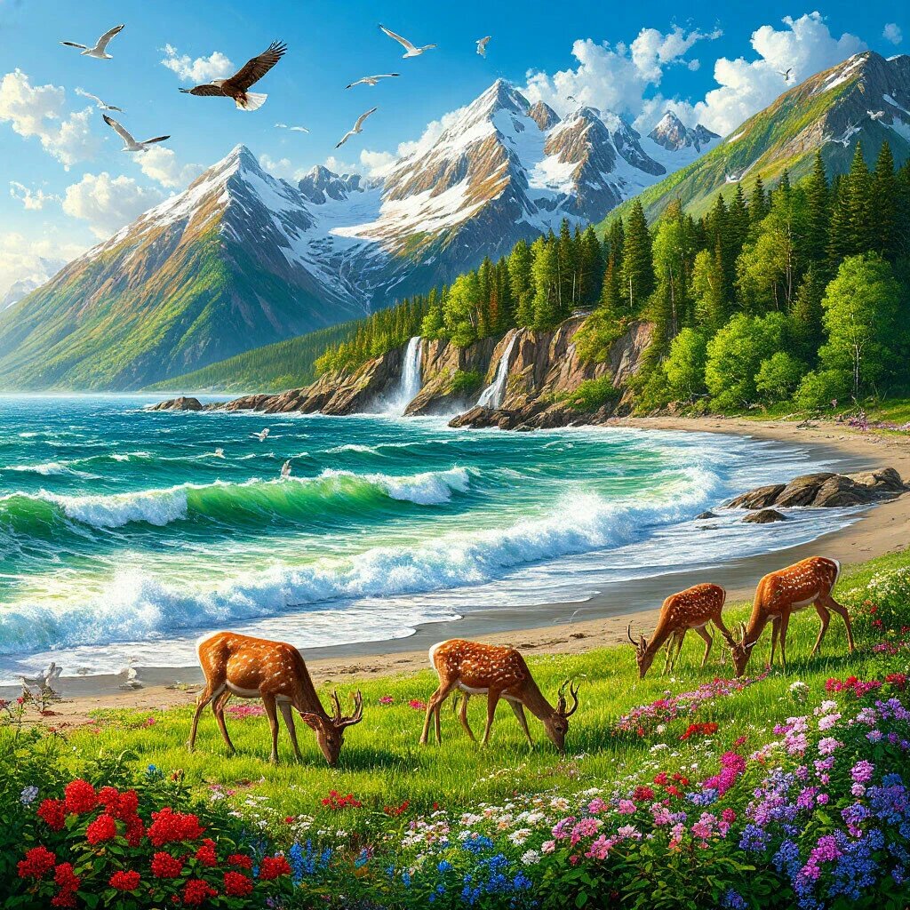 "Есть в море остров, а на нём долина, где гребни гор под вечными снегами,..." (Сгенерировано в Шедевруме).