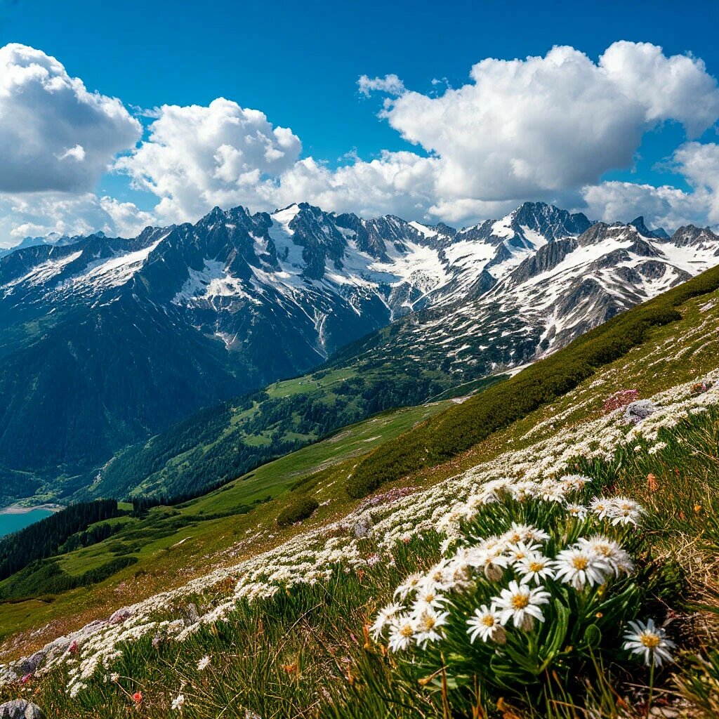 "...Здесь эдельвейсы белоснежные цветут, на склонах серых скал, по бездорожью,..."(Сгенерировано в Шедевруме).