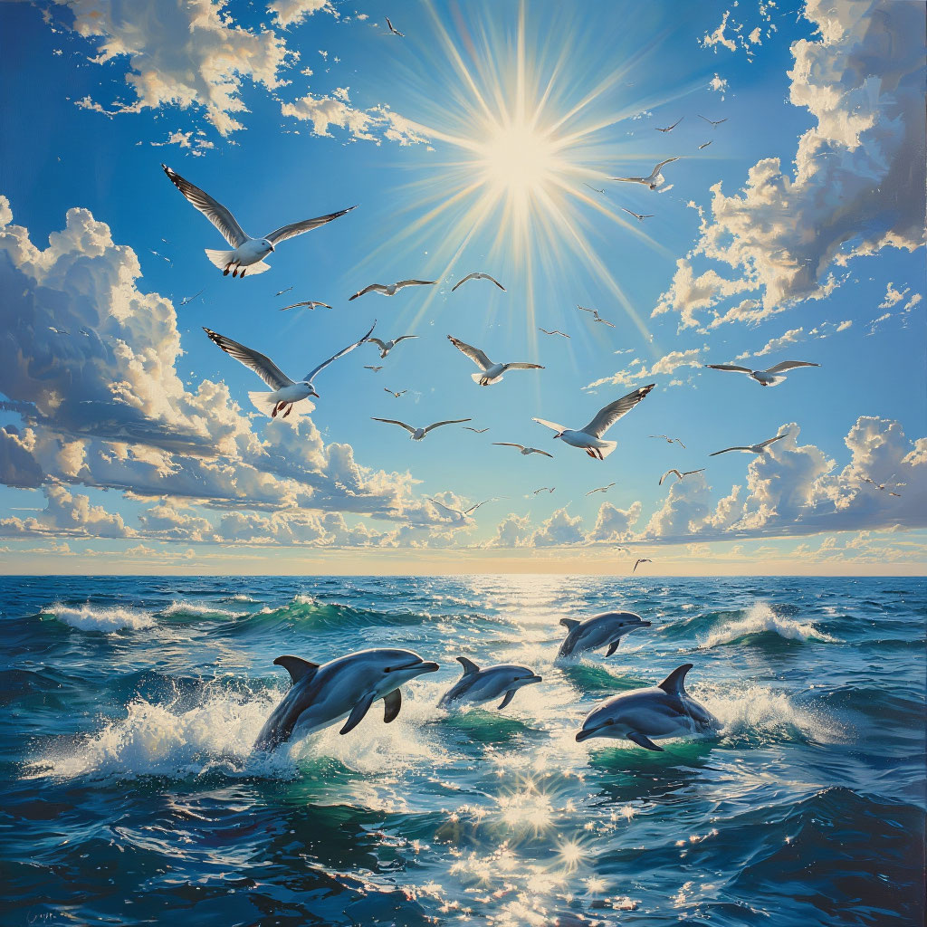 "...Дельфины бороздят морские дали, резвясь взлетают и ныряют в глубину..." (Сгенерировано в Шедевруме).