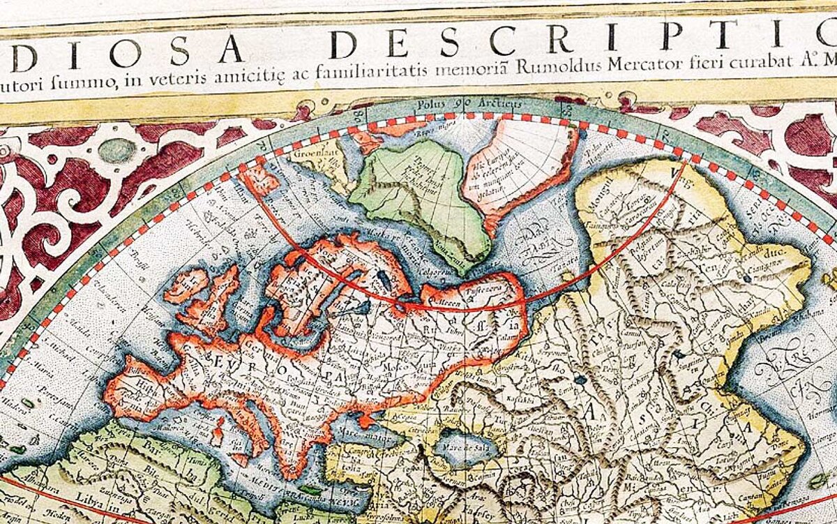 Карта Герарда Меркатора (голландский картограф Герард ван Кремер) из его Атласа 1595 года. Обратите внимание на Северный архипелаг, в наши дни покрытый водами Северного Ледовитого океана.