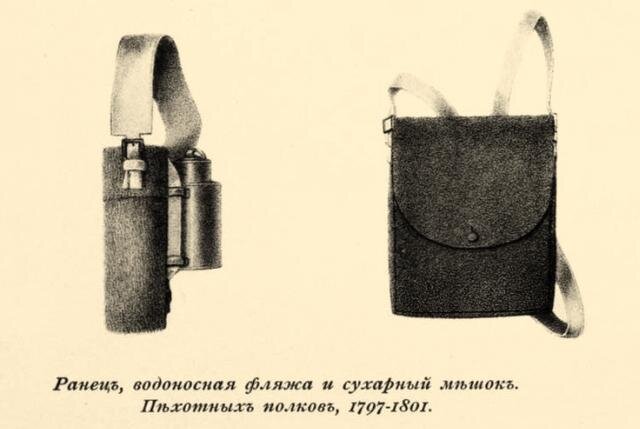 Водоносная фляга обр. 1797 года, ёмкостью 1 штоф (1,22 литра), с корпусом из двойной жести ( начиная с 1817 года, вместо жести использовалось белое листовое железо). Для крепления фляги к ранцу служили четыре прямоугольные петли, припаянные к боковым сторонам фляги. Крышка удерживалась при помощи кожаного ремешка, пропущенного сквозь ушко, расположенное в её верхней части. 


