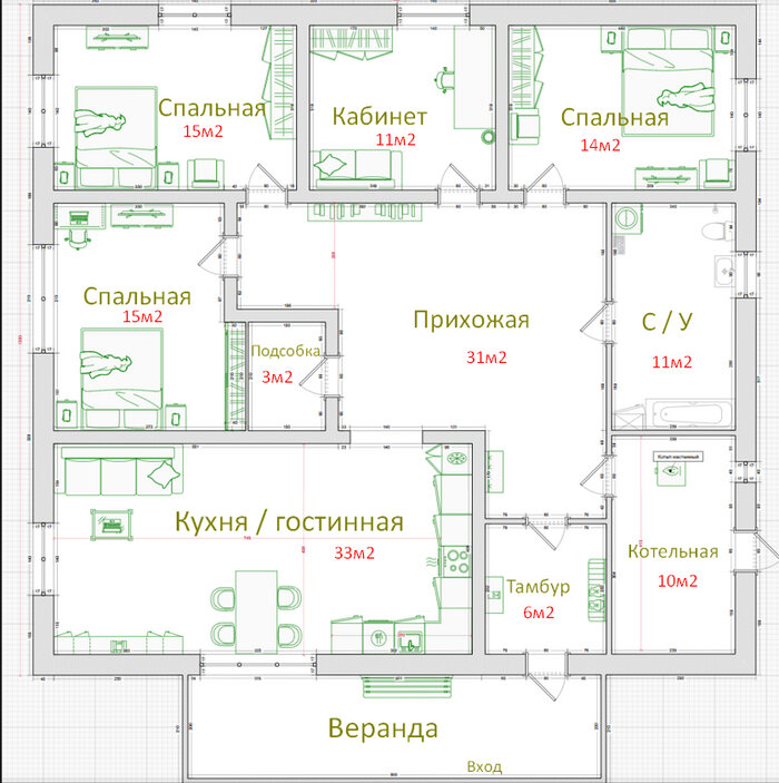 Проект дома 4 комнаты одноэтажный