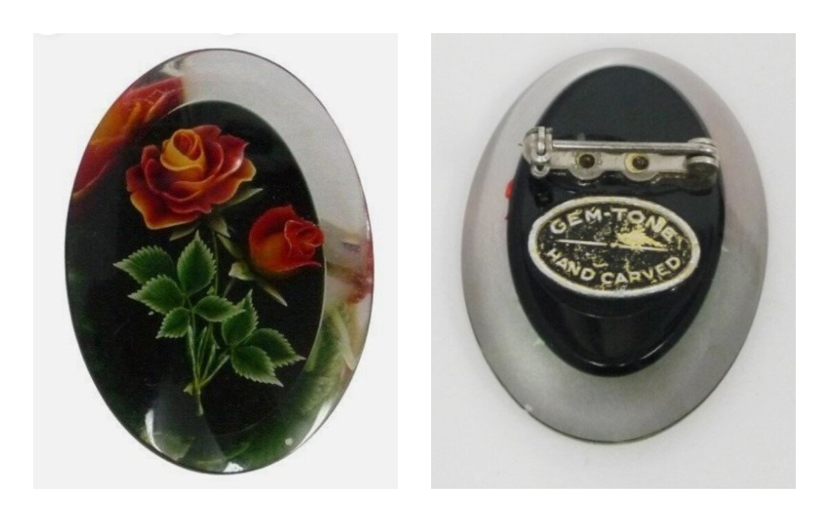 Брошь из люцита от компании C.L. Stuempges, произведенная под брендом Gem-Tone с  сохранившейся наклейкой-маркировкой