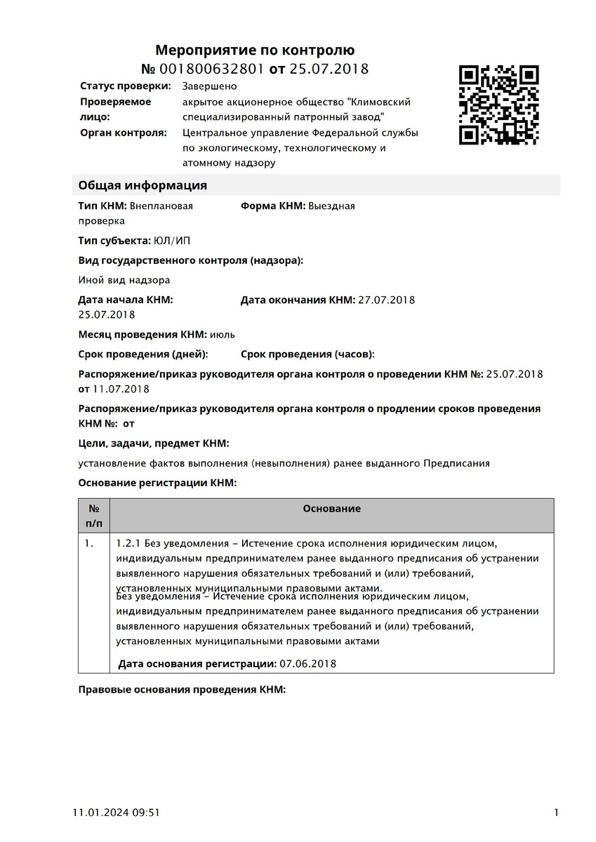 Документ проведения внеплановой проверки Ростехнадзора в 2018 г.