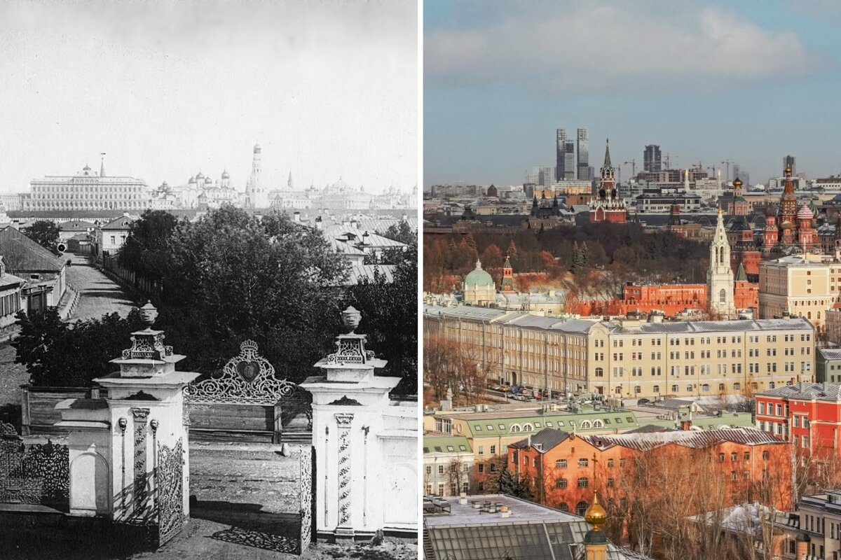 Слева — вид на Кремль из усадьбы Демидовых в Толмачёвском переулке, 1867 год. Справа — вид на Кремль и Спасскую башню из дома «Лаврушинский» от Sminex-Интеко, 2023 год