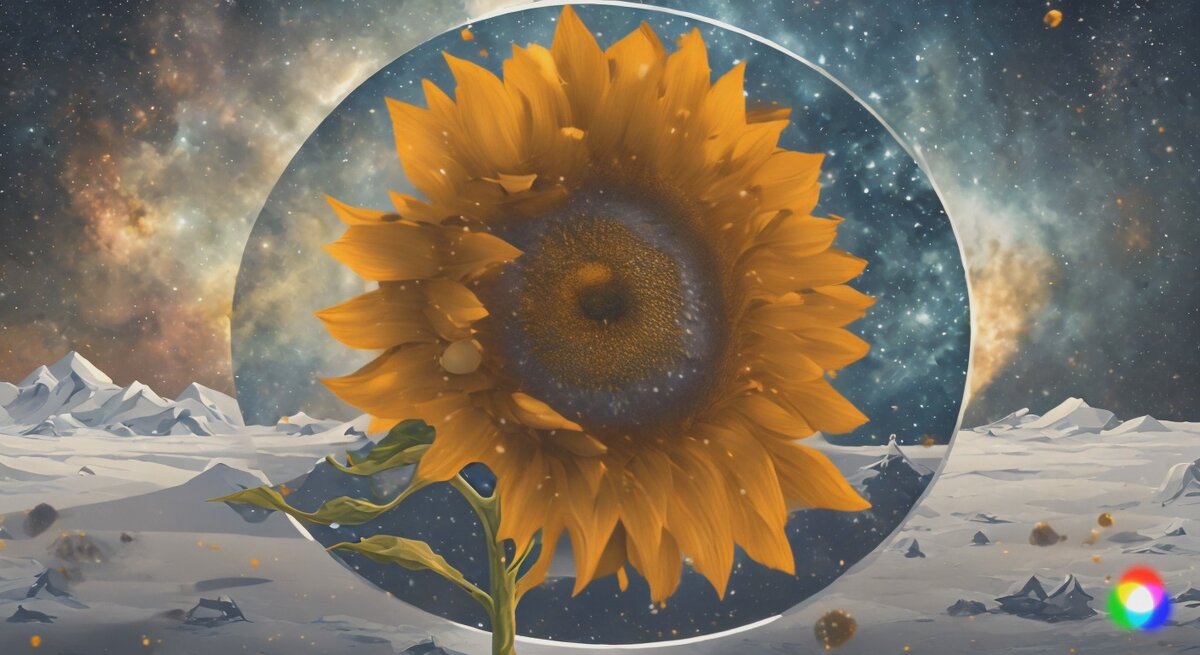 Видео создано в Приложении Runway по запросу: A sunflower flying among stars, snow, ice, space, mountains