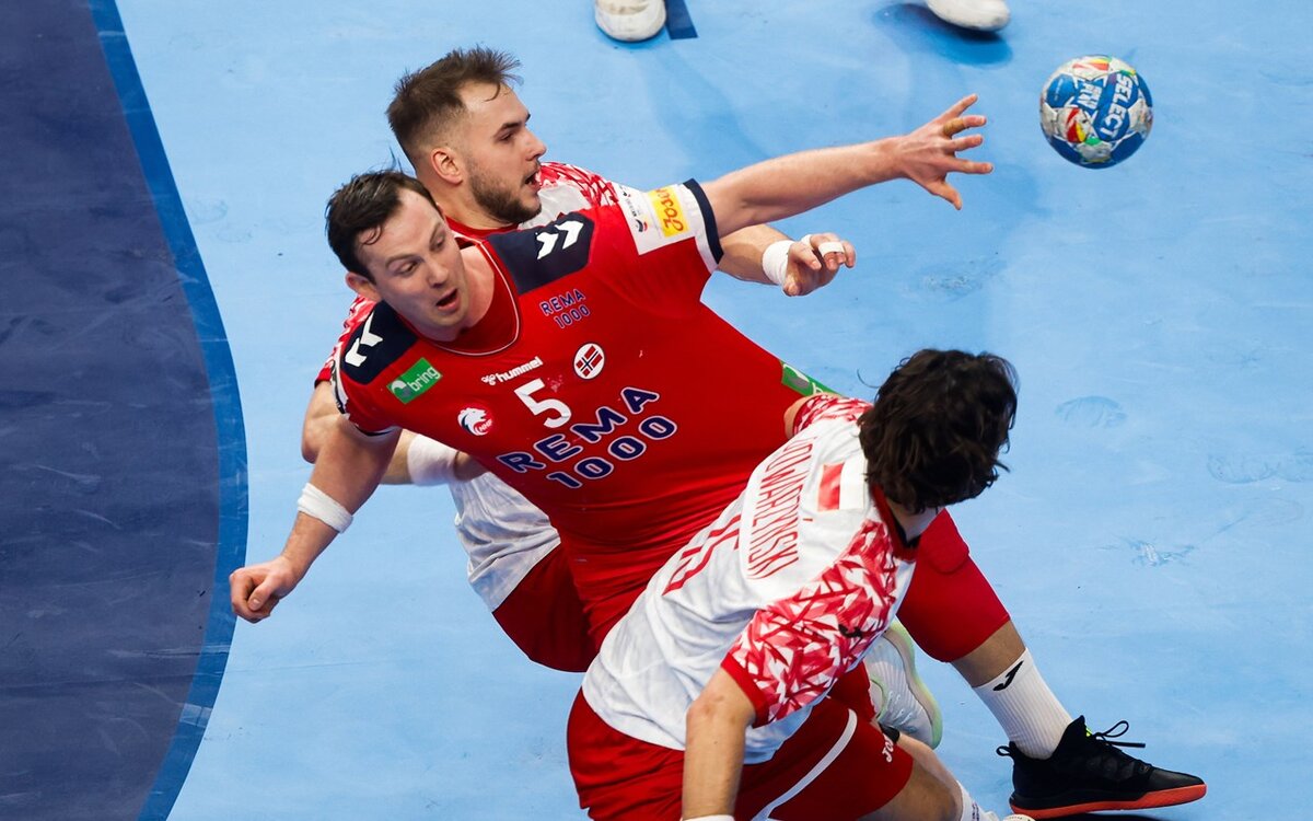 Польские защитники пытаются сдержать Сандера Сагосена (№5)