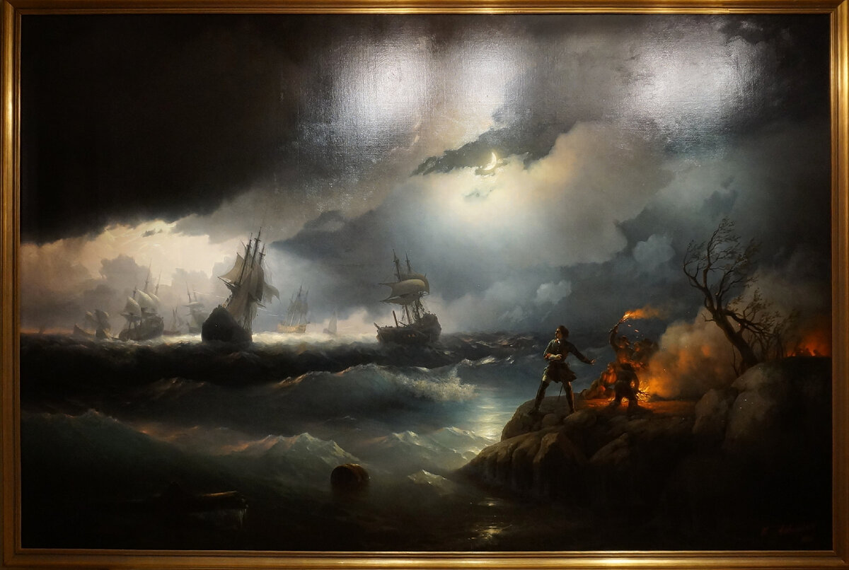 Пётр I при Красной Горке, зажигающий костер на берегу, для подачи сигнала гибнущим судам своим. 1846. Собрание Государственного Русского музея