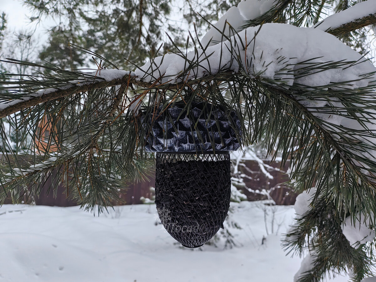 Вот такую красоту я повесила для птиц. Корма, надеюсь, хватит надолго.
