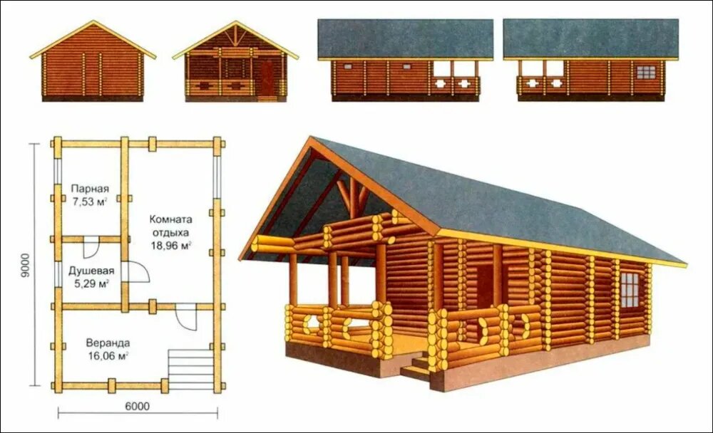 Проекты двухэтажных бань из бруса и бревна: чертежи, фото, планировка