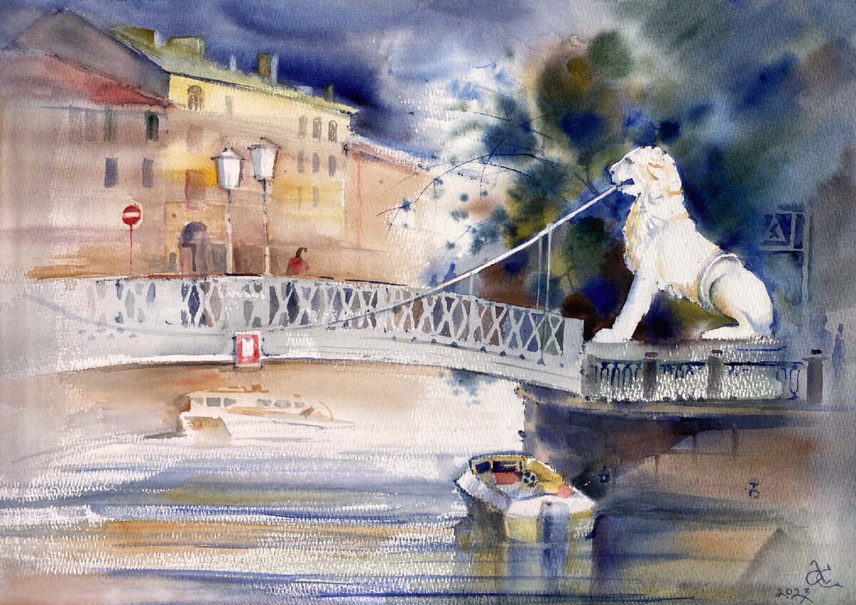 «Львиный мост». Бумага Baohong 100% хлопок, А3.