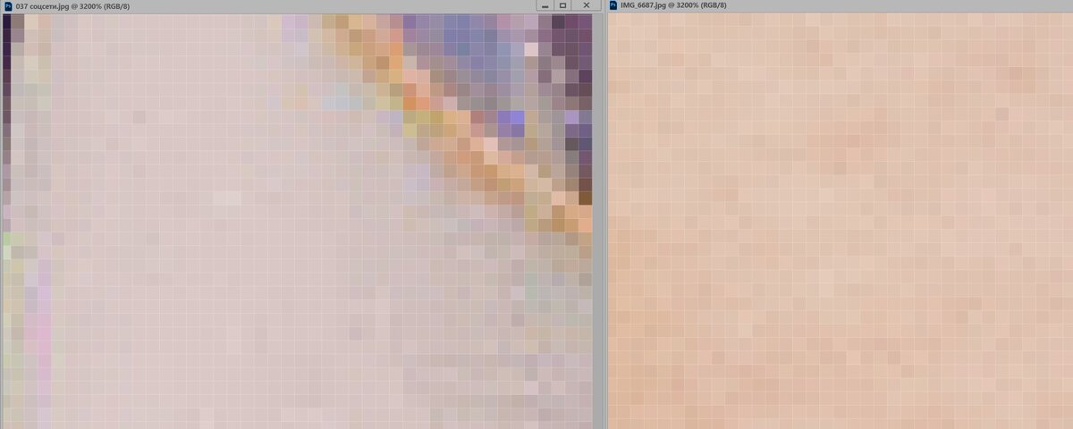    Слева тарелка, справа — щека мальчика. Оба в приближении 3200%. Как вы понимаете, что для левой, что для правой картинки техники ретуши работают одинаково, Фотошопу всё равно, с чем иметь дело / Скриншот: Елизавета Чечевица