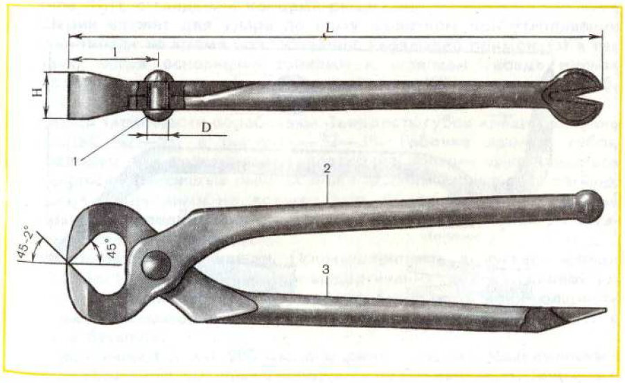 Строительные клещи типа КС с шариком и гвоздодером на концах: 1- ось; 2 - рычаг с шариком; 3 - рычаг с гвоздодером